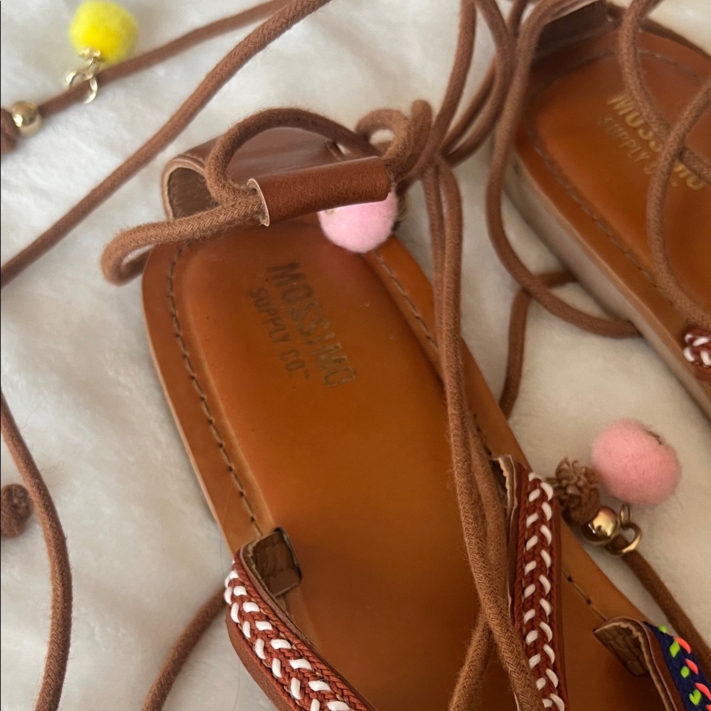 Mossimo Supply Co. Brown Leather Lace-Up Sandals with Pink & Yellow Pom Poms - Picture 2 of 4